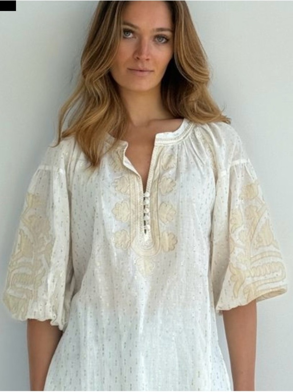 Embroidered Cream Peasant Tunic Top - Cream